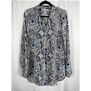 Calypso St Barth Womens Blue Paisley Long Sleeve Button Down Blouse Size L